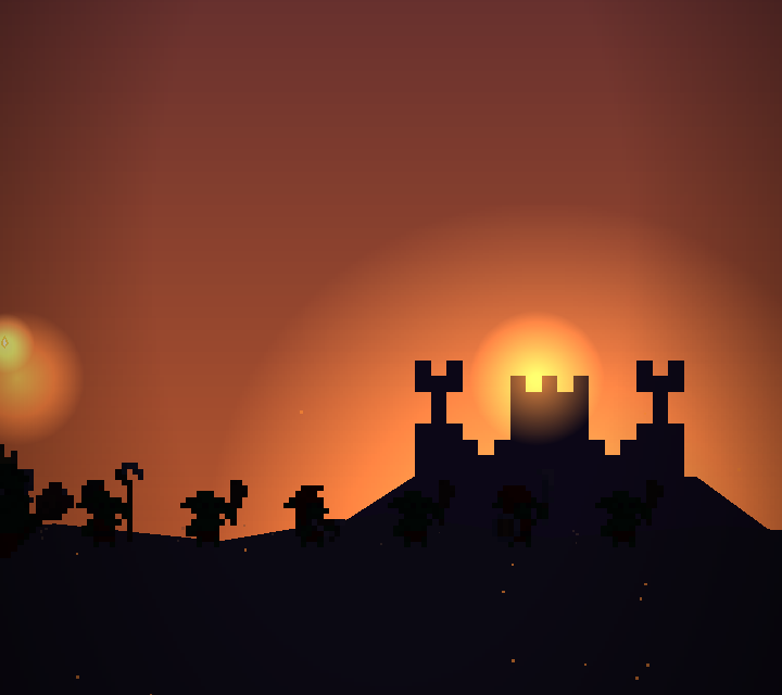 Broken Crown opening cinematic: goblin silhouettes march on a castle at sunrise