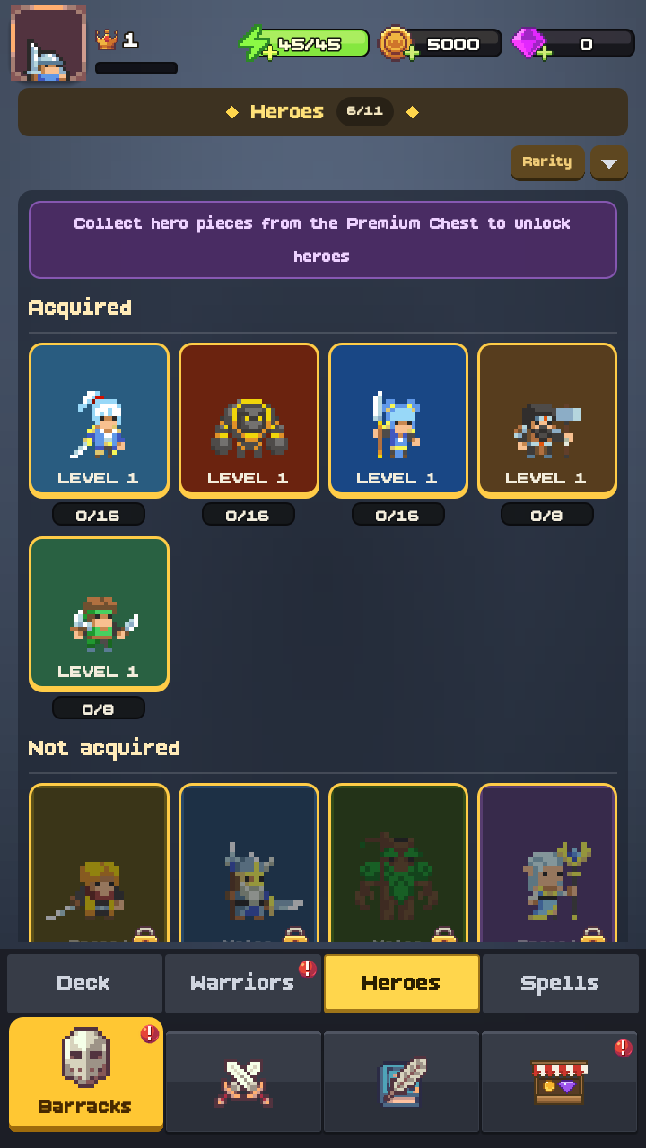 Hero collection screen with big pixel art portraits of the elemental heroes
