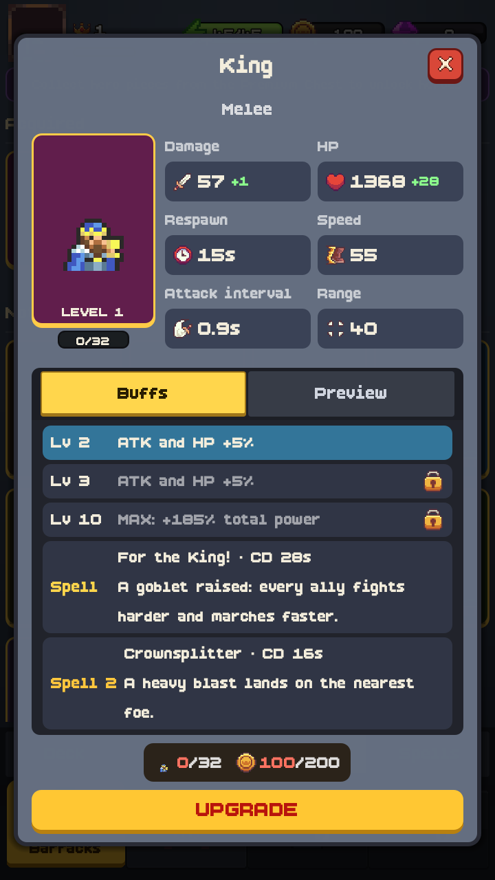 The King's stat card with his spells For the King and Crownsplitter